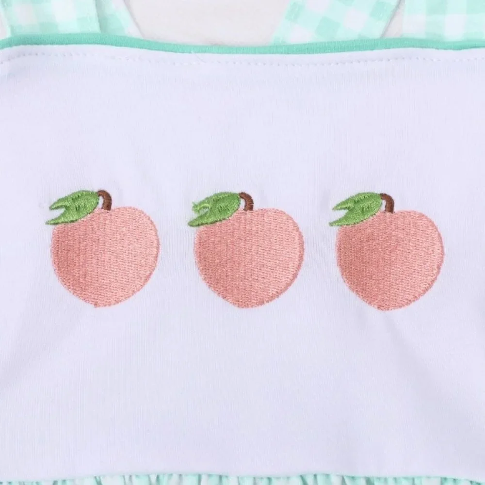 Boutique Baby Boys Embroidered Peaches Blue Plaid Romper Jumpsuit